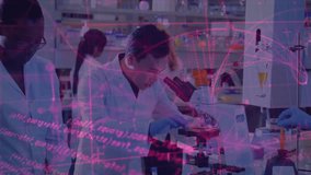 Lab tech reaching for tube pipetting and analyzing while peer examining slide under pulsing overlay. Scientists, collaboration, research, innovation, technology, teamwork, precision - Powered by Shutterstock - Get 15% off with code: PIKWIZARD15