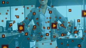 Standing woman initiating social media icons pulsing across office highlighting social connectivity. Collaboration, technology, networking, communication, professional, modern, vibrant - Powered by Shutterstock - Get 15% off with code: PIKWIZARD15