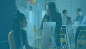 Woman clicking as colleague pointing screen tracking social media icons updating engagement counts. Collaboration, teamwork, digital, office, communication, productivity, connection - Powered by Shutterstock - Get 15% off with code: PIKWIZARD15