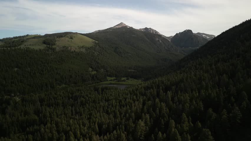 Aerial of Stone Reservoir in Salmon National Forest with beautiful mountains in Leadore Idaho