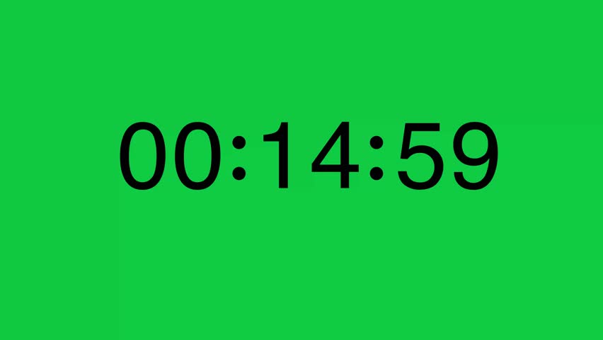Black numeric timer counts down from 15 seconds on a solid green screen background. Ideal for chroma keying in projects needing a precise, urgent time element.
