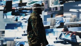 African american soldier uses virtual reality headset to monitor surveillance footage, using interactive device to guarantee successful national defense mission. War zone operations. Camera B. - Powered by Shutterstock - Get 15% off with code: PIKWIZARD15