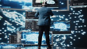 Digital tech expert coding and using VR headset at innovation hub, showcasing the intersection of data science and cybersecurity. Coding life immersed in high tech code development. Camera A. - Powered by Shutterstock - Get 15% off with code: PIKWIZARD15