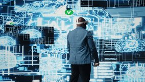 Black businessman using advanced technology VR headset tools to explore data science, automation and AI ethics in a digital data processing environment. Works on machine learning. Camera A. - Powered by Shutterstock - Get 15% off with code: PIKWIZARD15