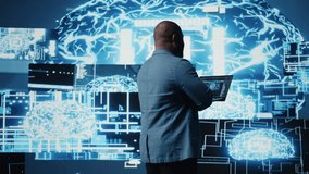 Digital concept of African American engineer exploring artificial intelligence, showcasing deep learning algorithms, high tech neural networks and futuristic data structures. Camera A. - Powered by Shutterstock - Get 15% off with code: PIKWIZARD15