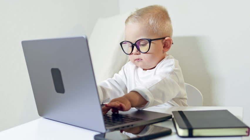 Cute 2 year old boy dressed as a businessman sits at a table and works with a laptop. Toddler boy in glasses looks at the laptop monitor.