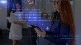 Floating binary code sparking woman interacting with tablet in office for security insight. Cybersecurity, data analysis, digital technology, modern workspace, professional collaboration, innovation, - Powered by Shutterstock - Get 15% off with code: PIKWIZARD15