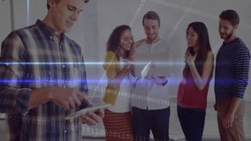 Developer tapping tablet generating code overlay in IT meeting with team working at laptop smiling. Technology, teamwork, innovation, collaborative, digital, business, communication - Powered by Shutterstock - Get 15% off with code: PIKWIZARD15