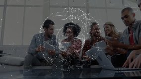 Business colleagues tapping devices visualizing data as pulsing 3D globe drifting across lounge. Collaboration, digital networking, teamwork, modern workspace, innovation, data visualization, - Powered by Shutterstock - Get 15% off with code: PIKWIZARD15
