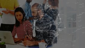 Team tapping phone updating laptop and tablet for business review under transparent globe overlay. Collaboration, teamwork, digital, technology, innovation, modern, professional - Powered by Shutterstock - Get 15% off with code: PIKWIZARD15