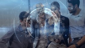 Business team tapping tablet in meeting and activating 3D globe with data icons for collaboration. Collaboration, innovation, data visualization, teamwork, modern office, digital technology, - Powered by Shutterstock - Get 15% off with code: PIKWIZARD15