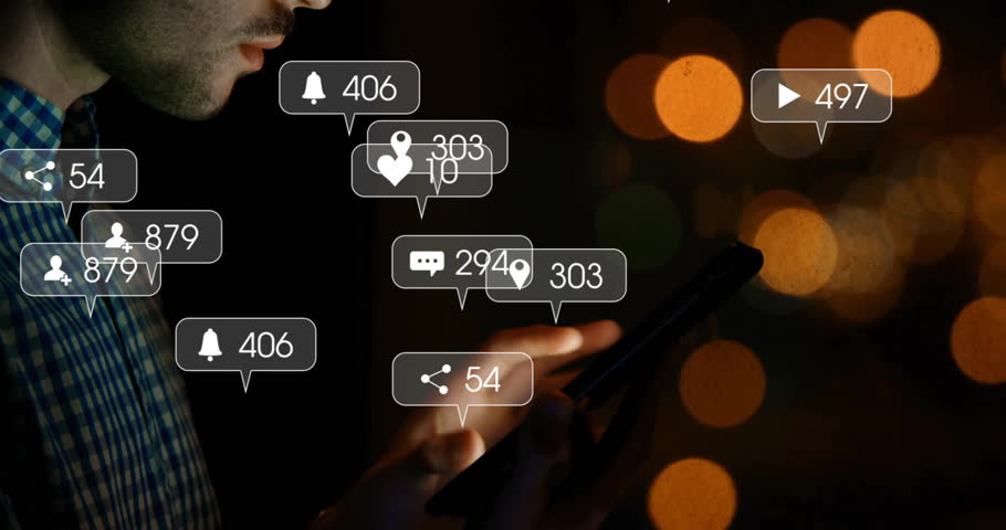 Man swiping device against bokeh lights, generating pulsing social media metrics overlays. Technology, digital, interface, interaction, connection, urban, modern