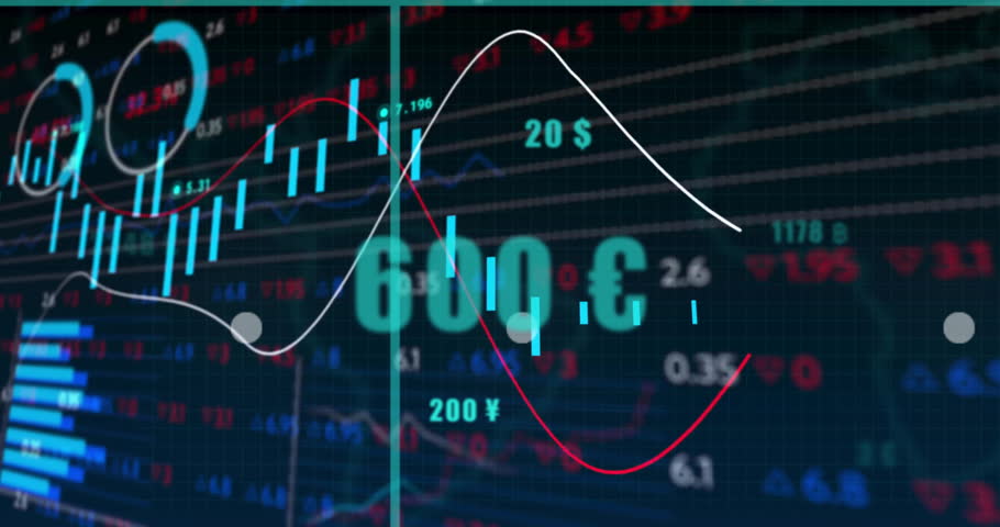Flat design chart reacting to trend lines, adding bars and labels, visualizing upward market growth. Finance, data analysis, infographic, minimalism, technology, investment, market