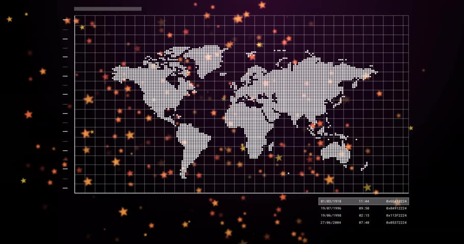 Dotted world map appearing, line rising, trend line forming through markers, visualizing trends. Global, analytics, technology, visualization, data, innovation, futuristic