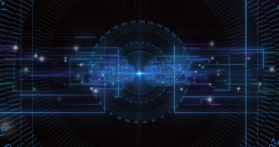 Multicolored energy ribbon emerging from left edge twisting inward central node showing data flow. Futuristic, digital, abstract, technology, neon, motion, visualization
