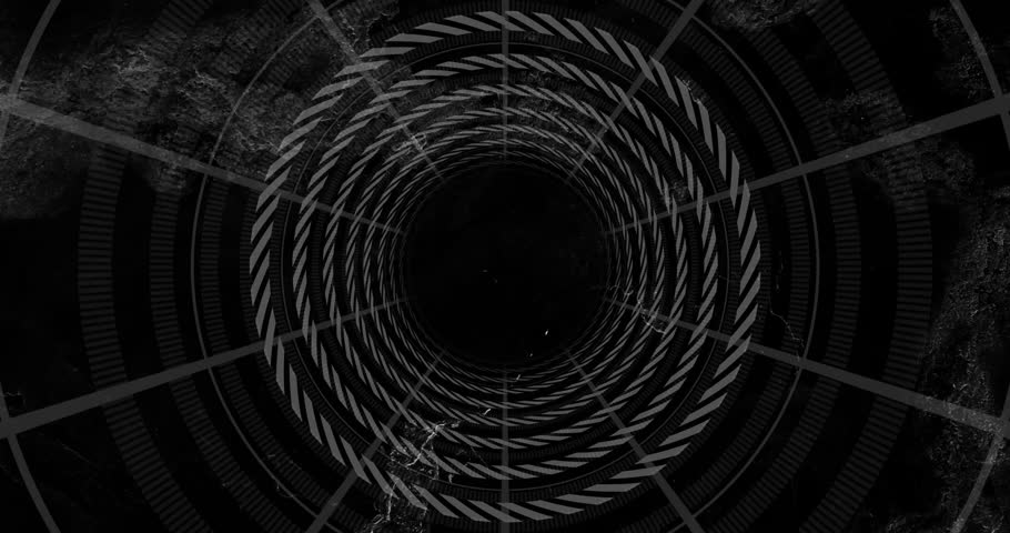 user entering spiral tunnel showing rotating striped rings spinning inward forming hypnotic descent. Abstract, hypnotic, futuristic, metallic, geometric, immersive, digital