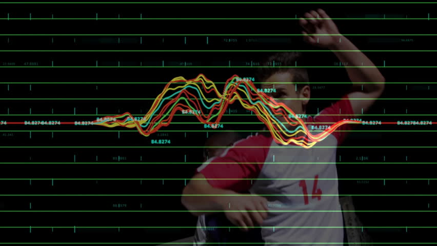 Two soccer players competing tracking falling ball while waveform peaking driving midair collision. Athletics, competition, performance, action, intensity, stadium, sportswear - Powered by Shutterstock - Get 15% off with code: PIKWIZARD15
