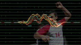 Two soccer players competing tracking falling ball while waveform peaking driving midair collision. Athletics, competition, performance, action, intensity, stadium, sportswear - Powered by Shutterstock - Get 15% off with code: PIKWIZARD15