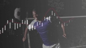 On ball arrival soccer player bending with data overlay springing up heading ball defending goal. Athlete, sports, action, energetic, dynamic, night, precision - Powered by Shutterstock - Get 15% off with code: PIKWIZARD15