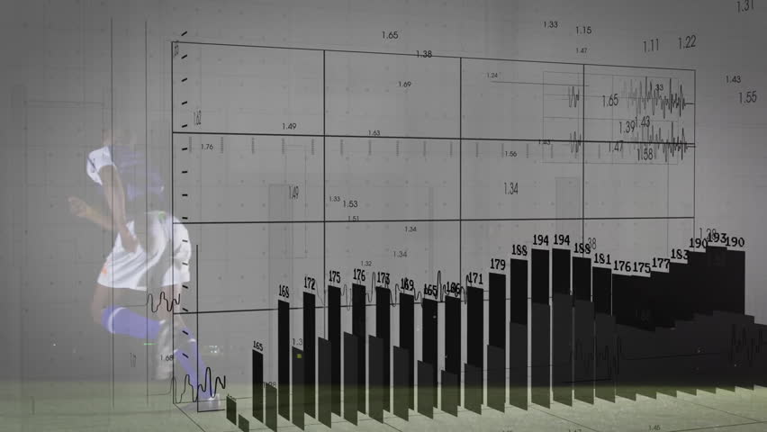 Soccer player entering test space and kicking ball while grid and bar charts measuring impact. Athlete, biomechanics, sports science, analysis, performance, simulation, motion