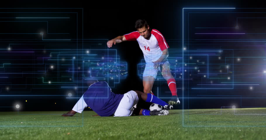#14 dribbler activating digital overlays as defender slides, stepping over tackle, helping opponent. Sports, athletics, competition, technology, innovation, teamwork, strategy