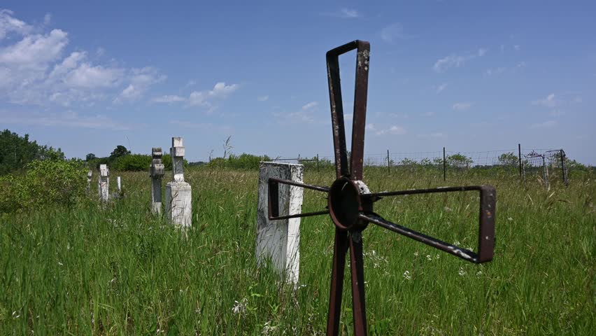 Summer grass blowing on a hot summer day in a poorly kept cemetery with a blue sky and white clouds
