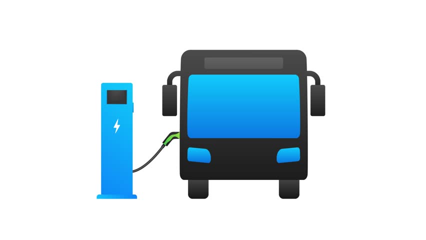 Electric bus charging at charging station animation with alpha channel and green screen
