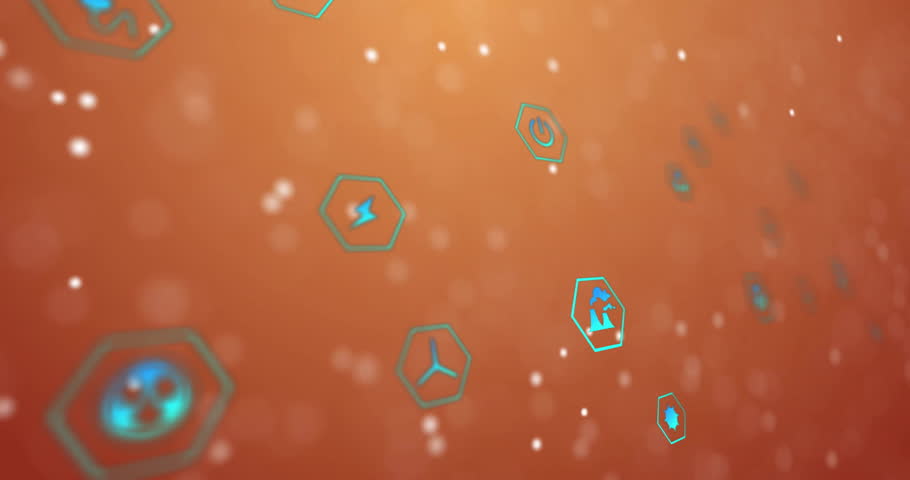 Orange gradient scene dotted lines emerging starting icons joining spiral ribbons for digital demo. Technology, animation, innovation, connectivity, motion, futuristic, digital
