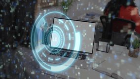 Tech overlay appearing on laptop rotating rings counting and drifting fragments finishing transfer. Futuristic, interface, digital, technology, innovation, workspace, minimalism - Powered by Shutterstock - Get 15% off with code: PIKWIZARD15