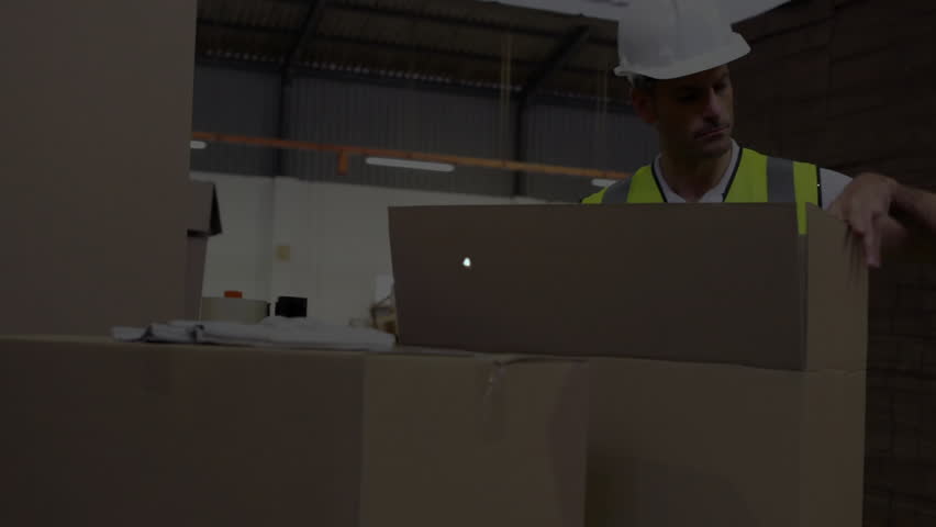 Warehouse packer opening box inspecting and sealing as animated user file network expanding. Logistics, distribution, automation, technology, industrial, workflow, inventory