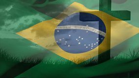 Gentle breeze sending Brazilian flag rippling over cloudy grassy hill with wooden cross silhouette. Patriotism, symbolism, serenity, nature, dusk, fabric, landscape - Powered by Shutterstock - Get 15% off with code: PIKWIZARD15