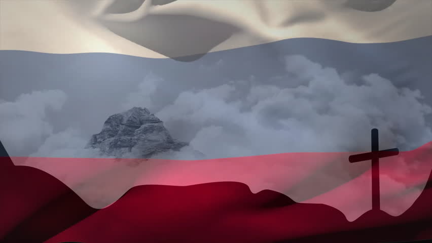 On start white-blue-red flag rippling across mountain revealing cross silhouette creating loop. Patriotism, symbolism, spiritual, landscape, serenity, mountainscape, allegiance - Powered by Shutterstock - Get 15% off with code: PIKWIZARD15