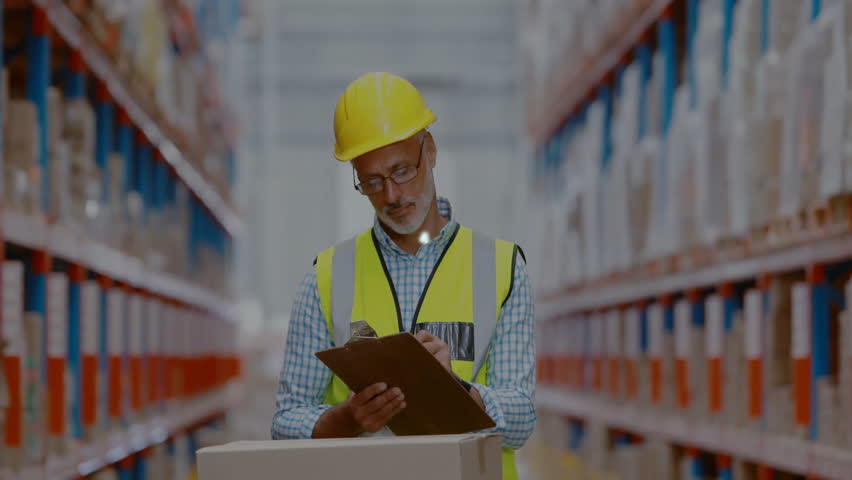 Warehouse lead scanning boxes and initiating logistics icons growing around clipboard for tracking. Logistics, inventory, supplychain, warehouse, technology, data, efficiency - Powered by Shutterstock - Get 15% off with code: PIKWIZARD15