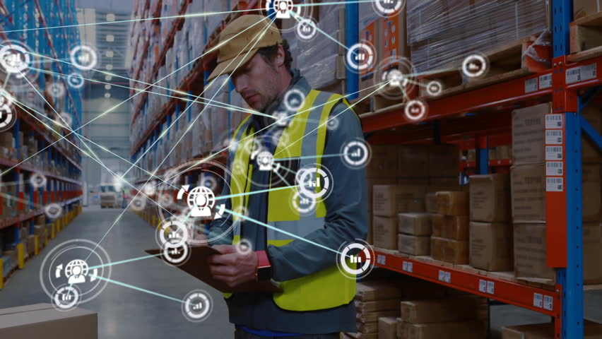 Warehouse worker glancing at clipboard and writing in aisle, visualizing supply chain network. Logistics, inventory, data, industrial, analytics, supplychain, technology