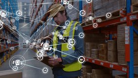 Warehouse worker glancing at clipboard and writing in aisle, visualizing supply chain network. Logistics, inventory, data, industrial, analytics, supplychain, technology - Powered by Shutterstock - Get 15% off with code: PIKWIZARD15