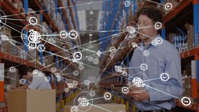 Supply chain supervisor scrolling tablet in aisle, displaying data icons across racks for tracking. Logistics, supply chain, warehouse, automation, data visualization, inventory, technology - Powered by Shutterstock - Get 15% off with code: PIKWIZARD15