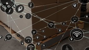 Starting with marker fading in, palleted boxes projecting lines and nodes mapping network. Technology, connectivity, industrial, digital, network, infrastructure, data - Powered by Shutterstock - Get 15% off with code: PIKWIZARD15