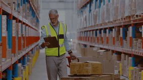 Warehouse lead pushing trolley while jotting notes and starting floating network icons across aisle. Industrial, logistics, technology, connectivity, efficiency, inventory, automation - Powered by Shutterstock - Get 15% off with code: PIKWIZARD15