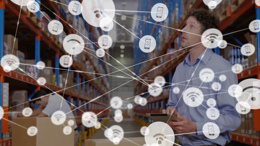 Warehouse worker tapping tablet activating network icons spreading down aisle visualizing inventory. Industrial, logistics, connectivity, technology, collaboration, infrastructure, supplychain - Powered by Shutterstock - Get 15% off with code: PIKWIZARD15