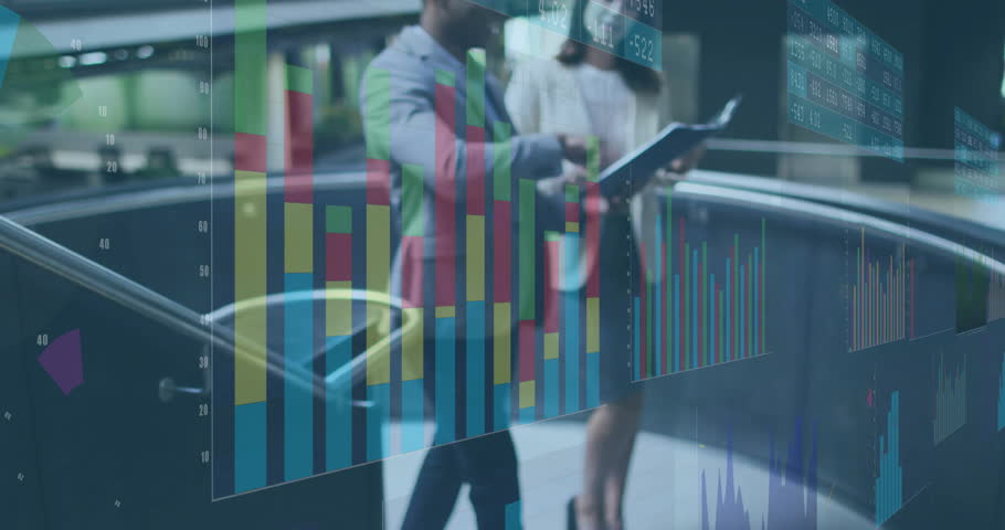 Coworkers walking corporate atrium, examining binder, smartphone while animated data graphs fading. Business, collaboration, teamwork, analysis, enterprise, innovation, professional