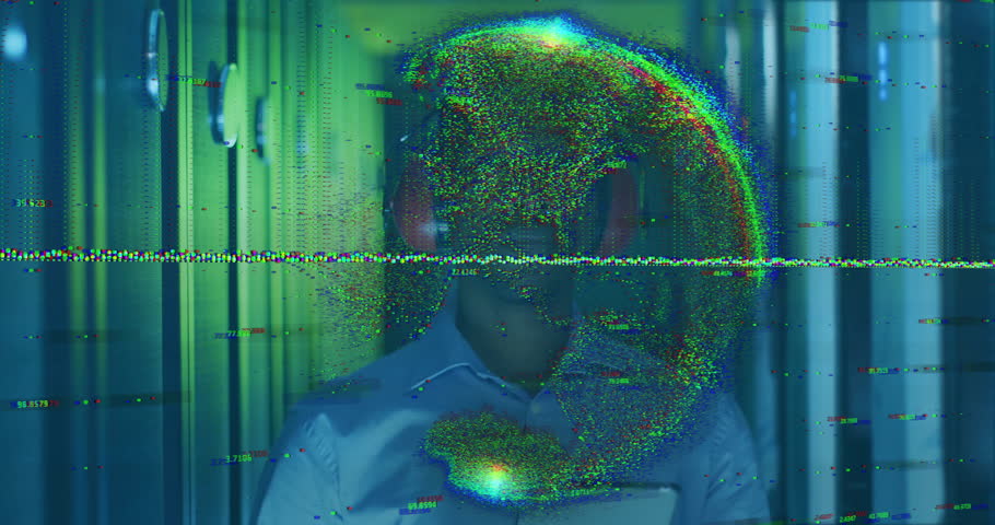 tech pro holding tablet and observing data fragments coalescing into hologram floating in corridor. Futuristic, technology, digital, innovation, immersive, virtual, sci-fi