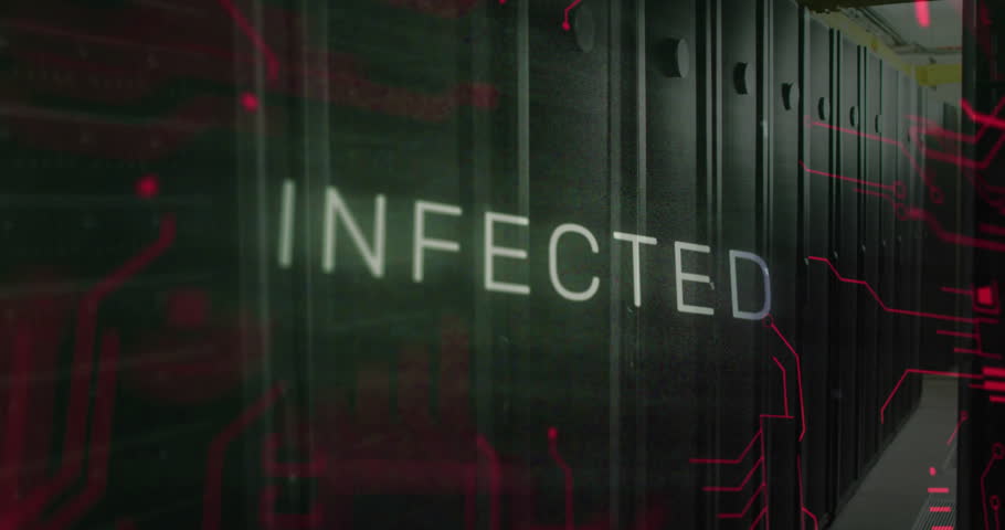 Faint red circuits flickering around INFOQ overlay morphing text into INFECTED warning over servers. Cybersecurity, digital, technology, cyberattack, data, glitch, vulnerability