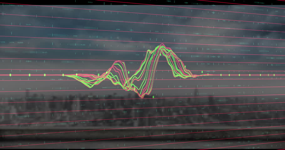 Oscillating colorful waveform lines visualizing data variation with rising peaks, shifting leftward. Abstract, data, analytics, technology, modern, vibrant, dynamic