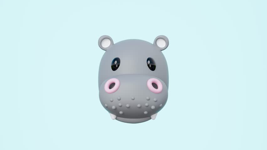 Adorable 3D cartoon hippopotamus head, rendered in a cute, minimalist style, soft pastel blue background. Ideal for children designs, alpha channel