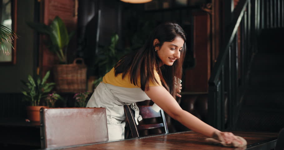 Woman, waiter and spray for cleaning table at cafe with cloth, smile and hygiene at restaurant. Person, server and happy with bottle for disinfectant liquid, shine and anti bacteria at coffee shop