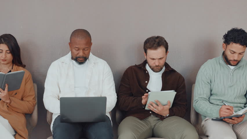 Recruitment, writing and people with tech in waiting room for interview, preparation or opportunity. Onboarding, HR office and candidates in row for application process, internship hiring and queue