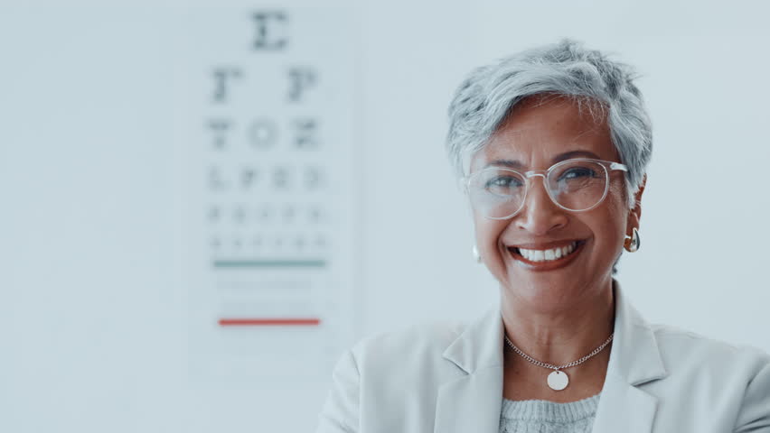 Eye test, face and glasses with woman at optometry clinic for prescription frame lens fitting. Exam, ophthalmology and vision with smile of mature customer in eyewear store for eyesight improvement