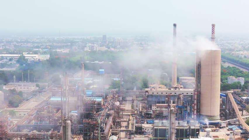 Aerial View of Pollution from Mega Factory, Drone captures chemical haze over massive Industry plant, Dense smog coils from giant industrial, Reveals Carbon Discharge Driving Climate Shift, Smoke Air