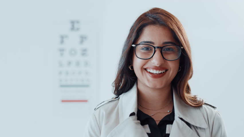 Eye exam, face and glasses with woman at optometry clinic for prescription frame lens fitting. Ophthalmology, test and vision with smile of customer in eyewear store to correct or improve eyesight