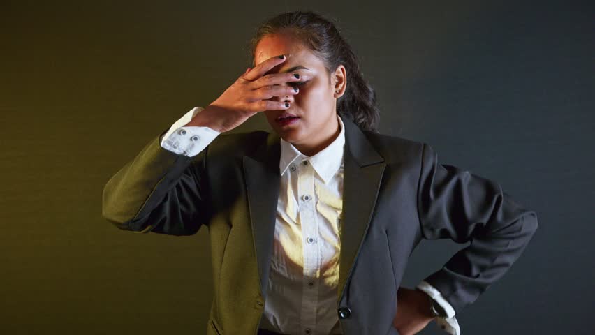 Stressed Corporate Lady Faces Decision Crisis, Perplexed Businesswoman in Suit Battles Internal Conflict, Confused Female Professional Pauses Under Pressure, Woman Leader Stuck into Mental Dilemma